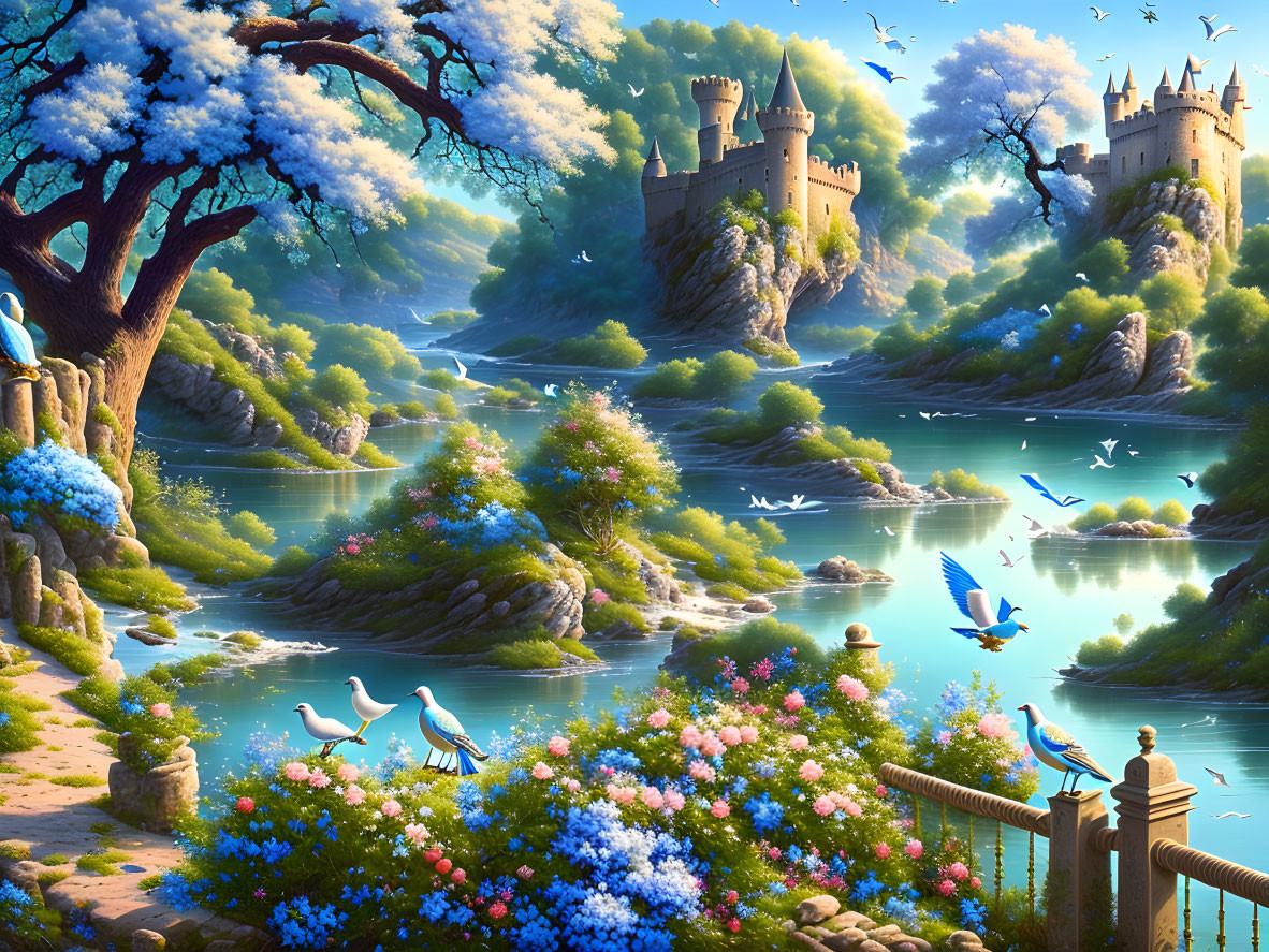 Fantasy landscape with castles, river, flowers, birds, and blossoming tree