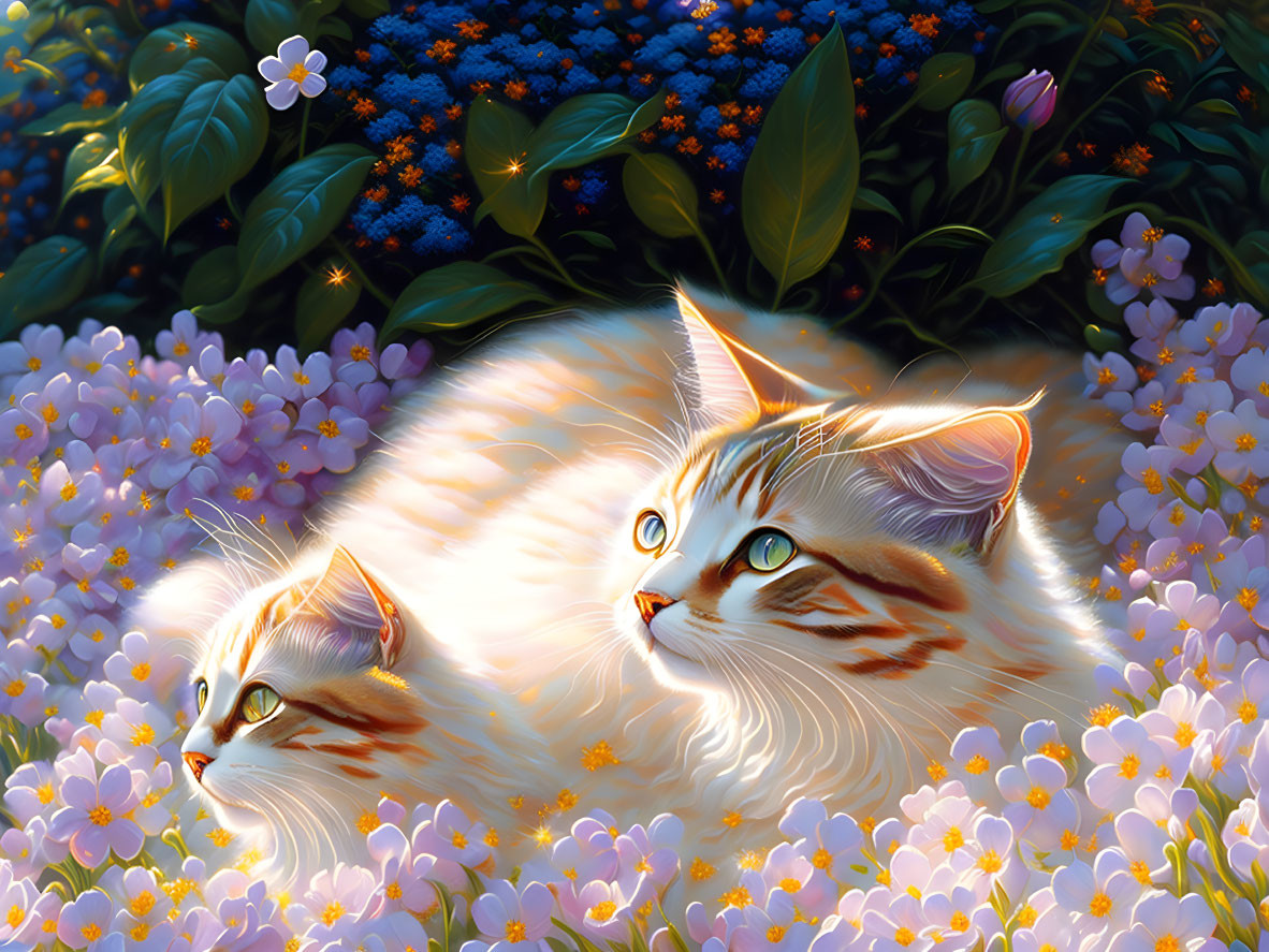 Fluffy Orange-and-White Cats Among Vibrant Flowers