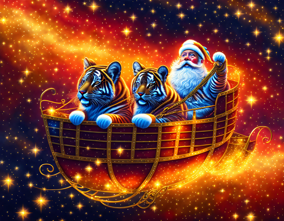 Santa Claus in sleigh with tigers under starry sky.