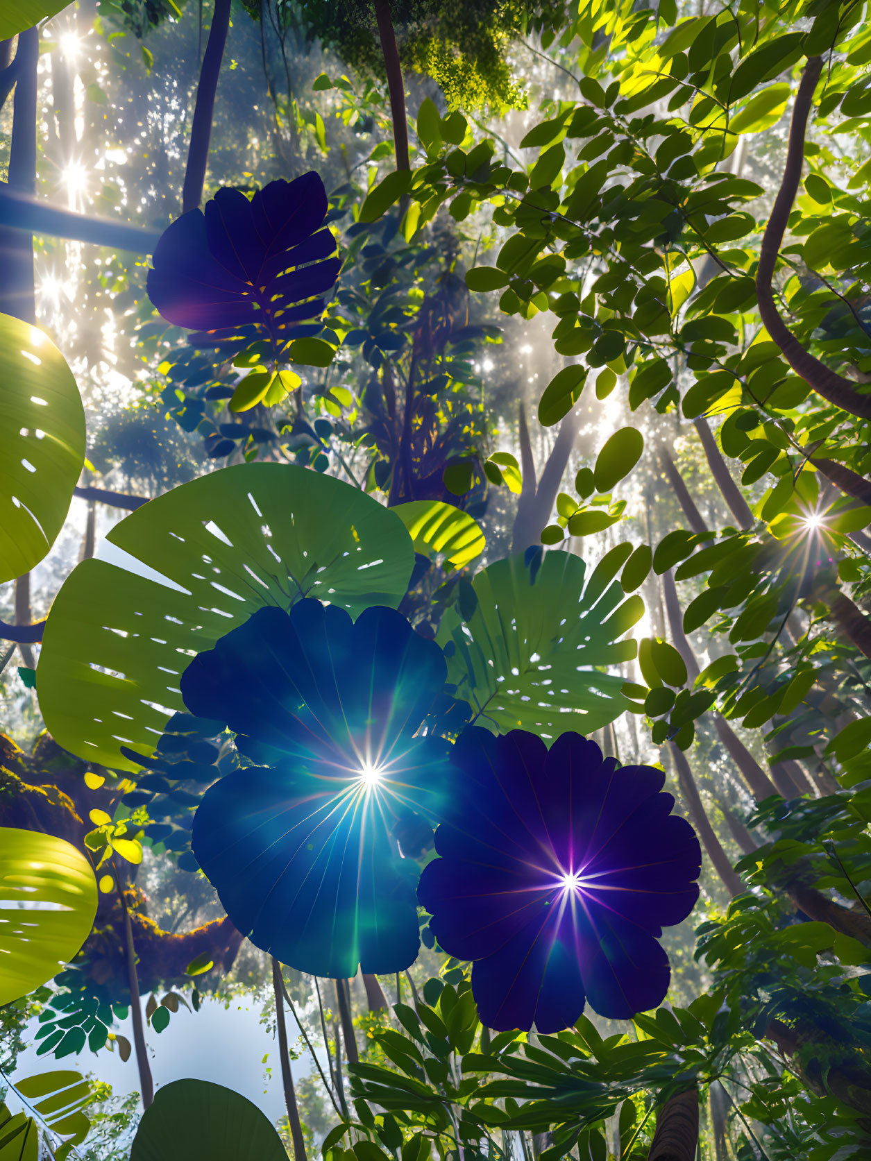 Lush forest canopy with vibrant green foliage and starburst effects