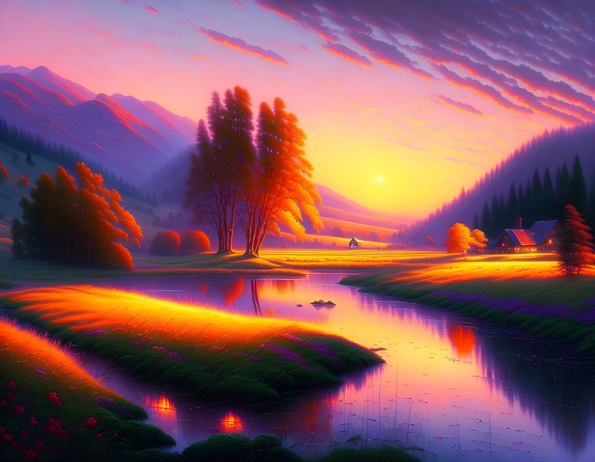 Scenic sunset with purple and orange sky over tranquil landscape