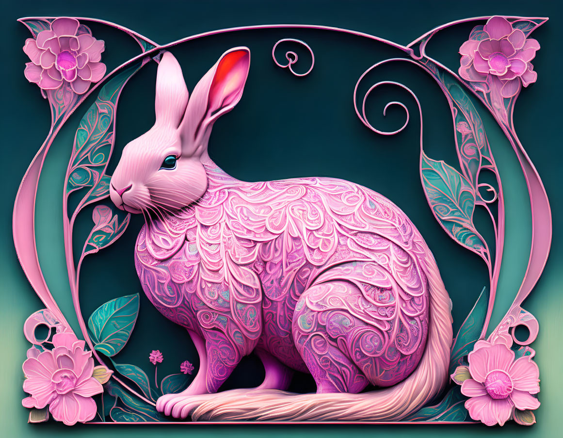 Intricate Art Nouveau style pink rabbit illustration surrounded by floral motifs