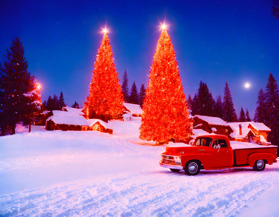 Red Vintage Truck in Snowy Twilight with Christmas Trees and Cozy Cabins