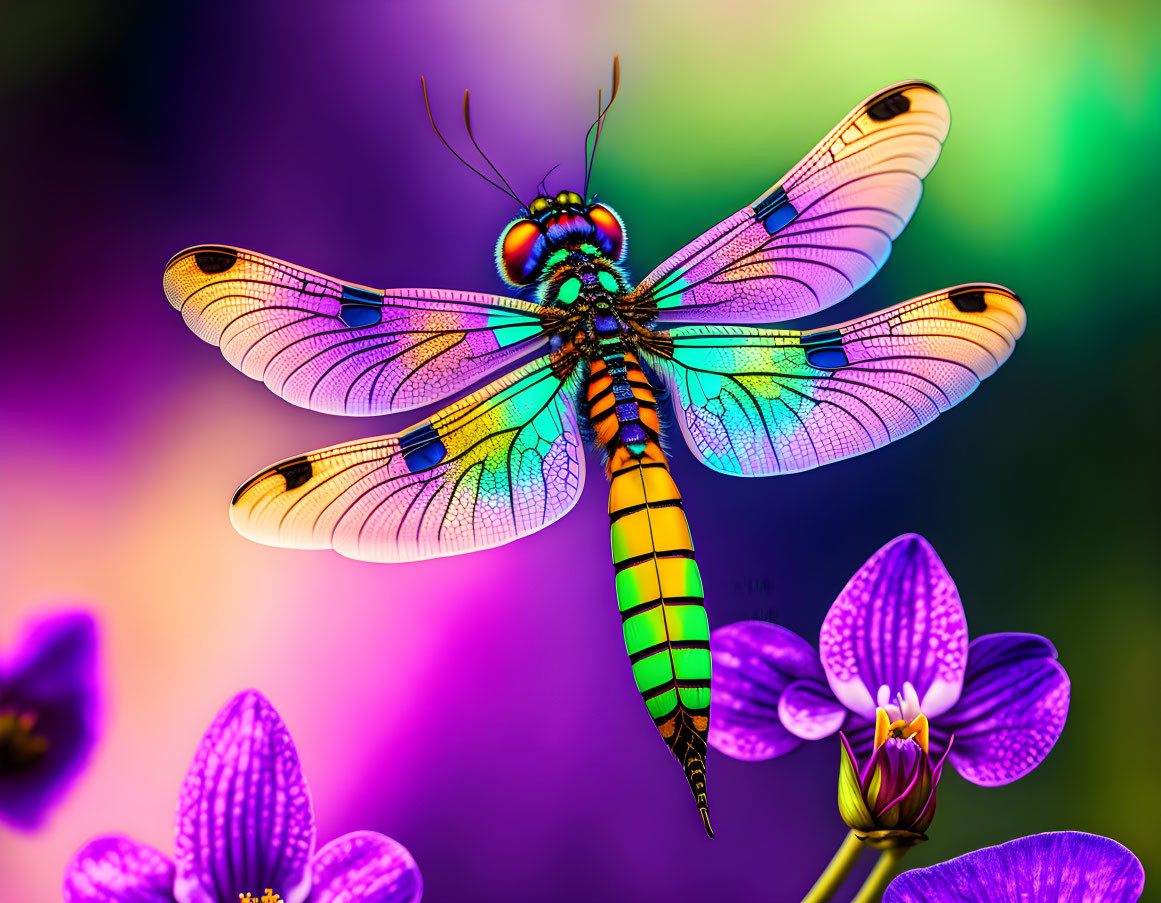 Colorful Dragonfly Hovering Above Purple Flowers on Multicolored Background