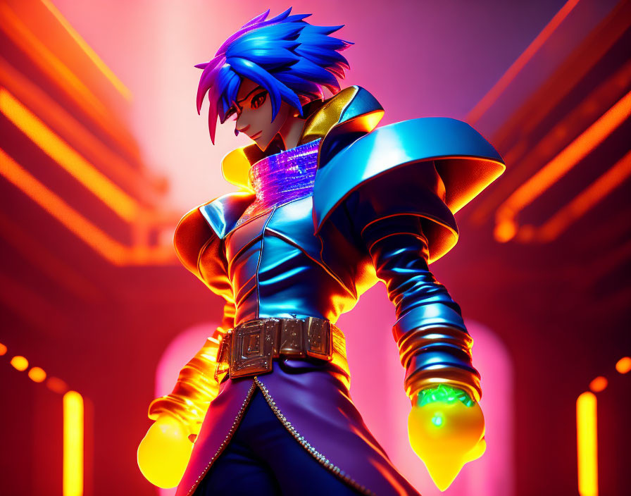 Anime-style character with blue hair in futuristic armor in neon-lit setting