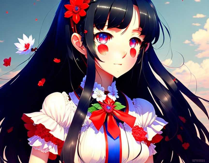 Anime girl with long black hair and red flowers, set against a blue sky with white flowers.