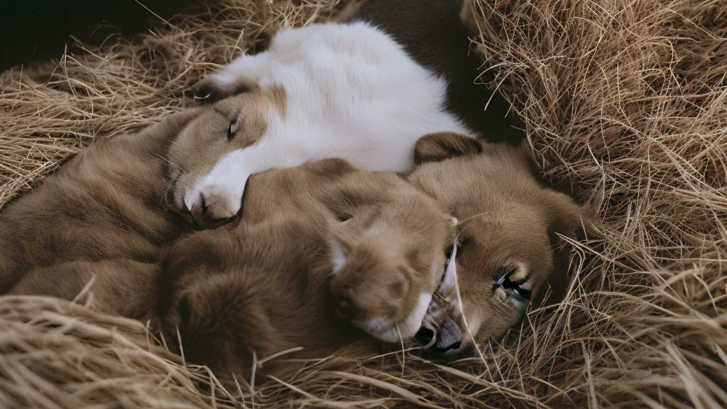 Adorable Puppies Cuddling on Hay Bed