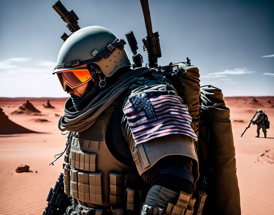 Person in tactical gear with American flag patch in desert scenery.