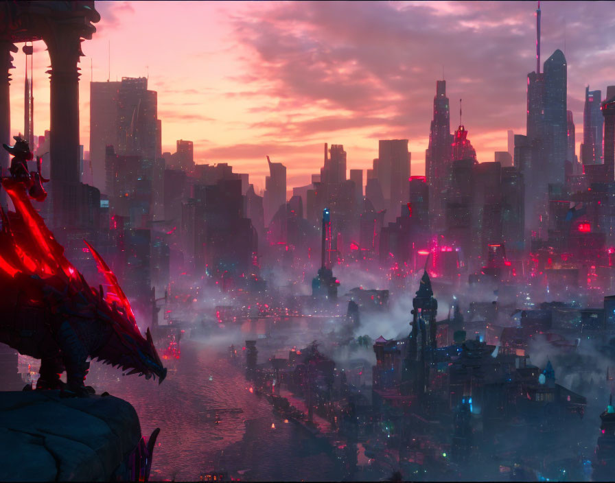 Figure overlooking futuristic city at sunset with skyscrapers and neon lights.