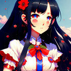 Anime girl with long black hair and red flowers, set against a blue sky with white flowers.