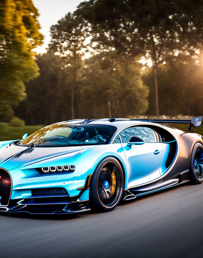 Blue Sports Car with Black Accents and Horseshoe Grille Driving on Road at Dusk