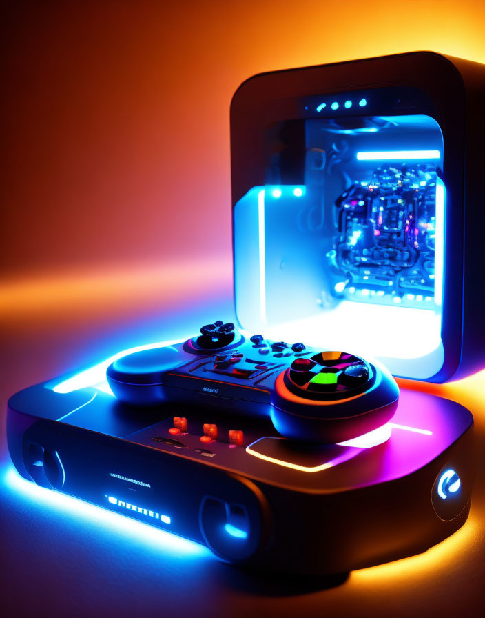 Neon-lit gaming console and controllers in dark room