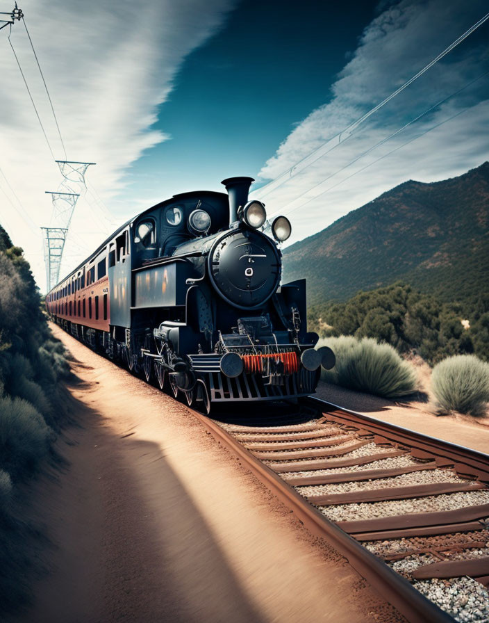 Vintage black steam locomotive on tracks in lush greenery with hills and clear blue sky