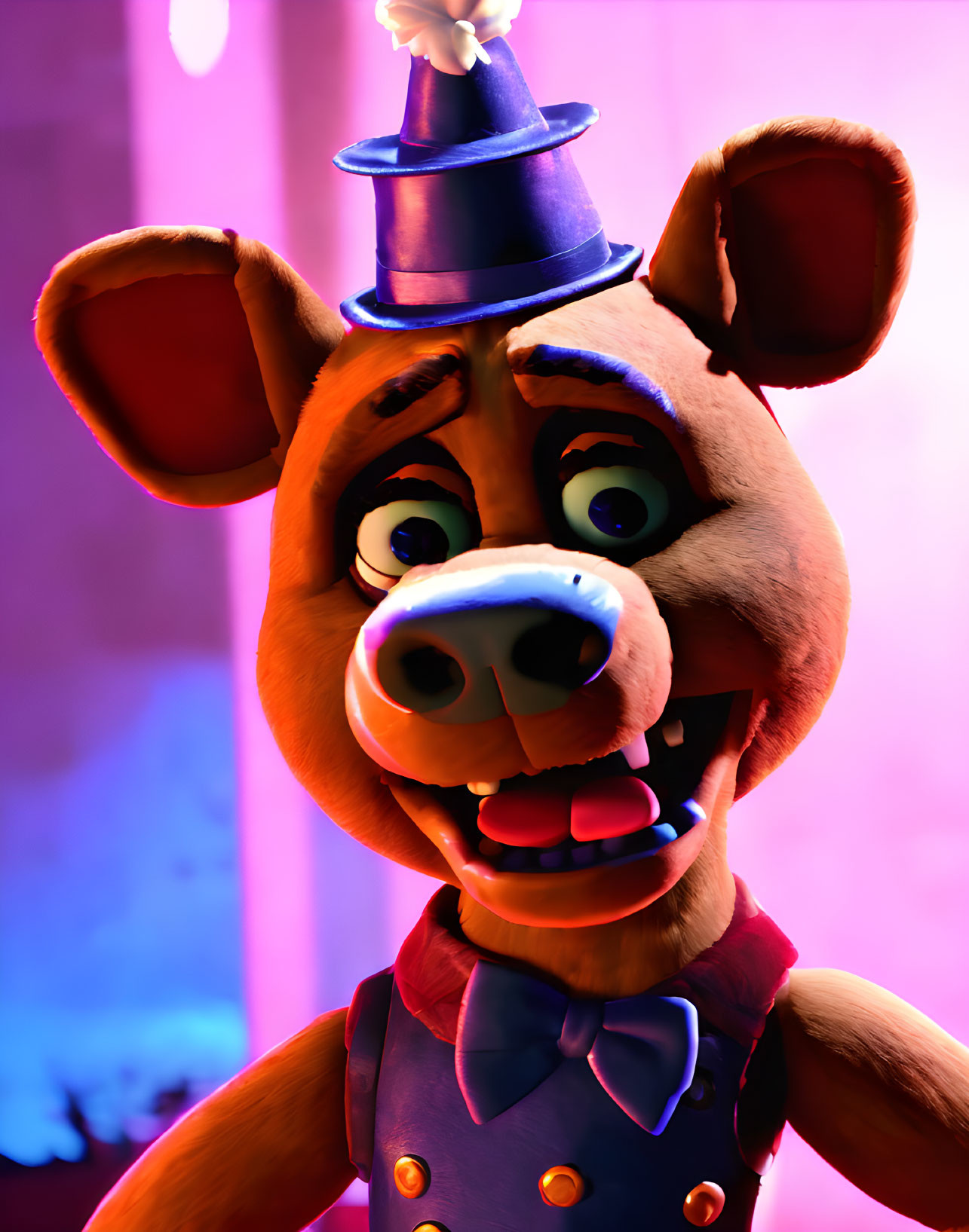 Brown Bear in Magician Outfit with Blue Top Hat and Bow Tie under Pink and Purple Lighting