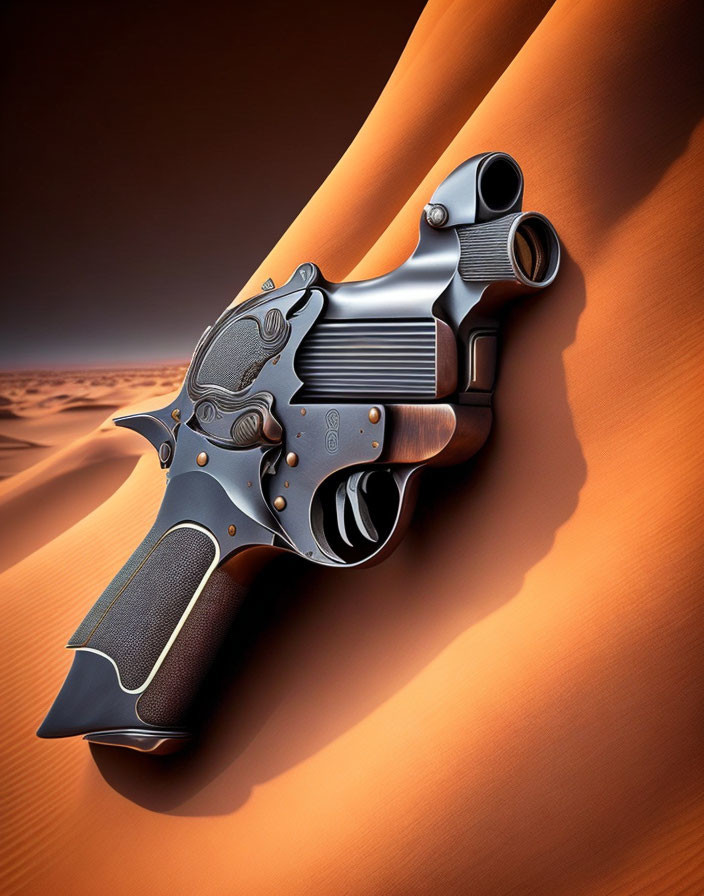 Intricate futuristic handgun against desert backdrop