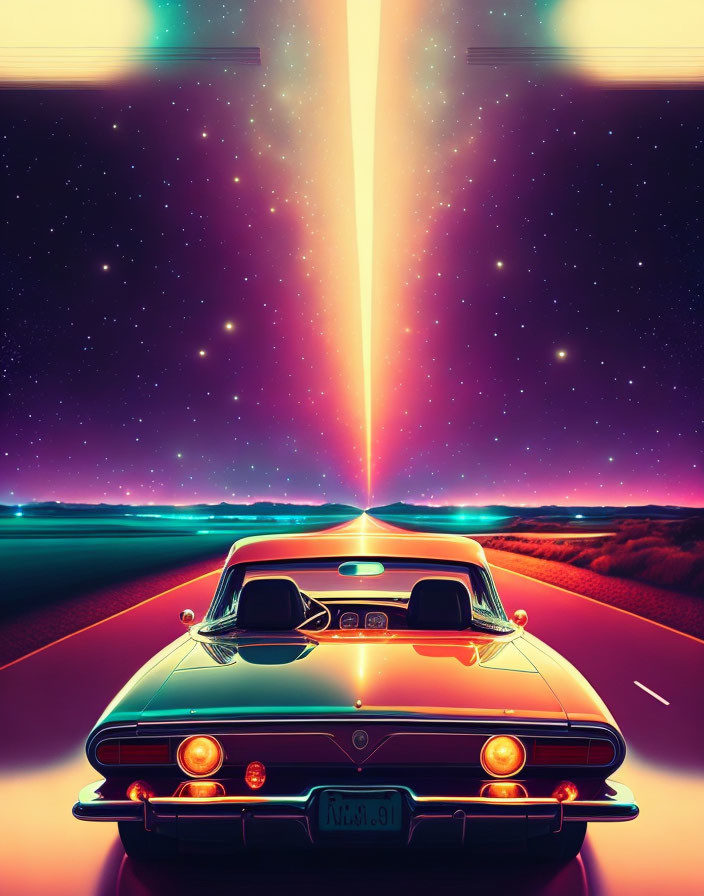 Vintage car on neon-lit road in surreal landscape with cosmic beam