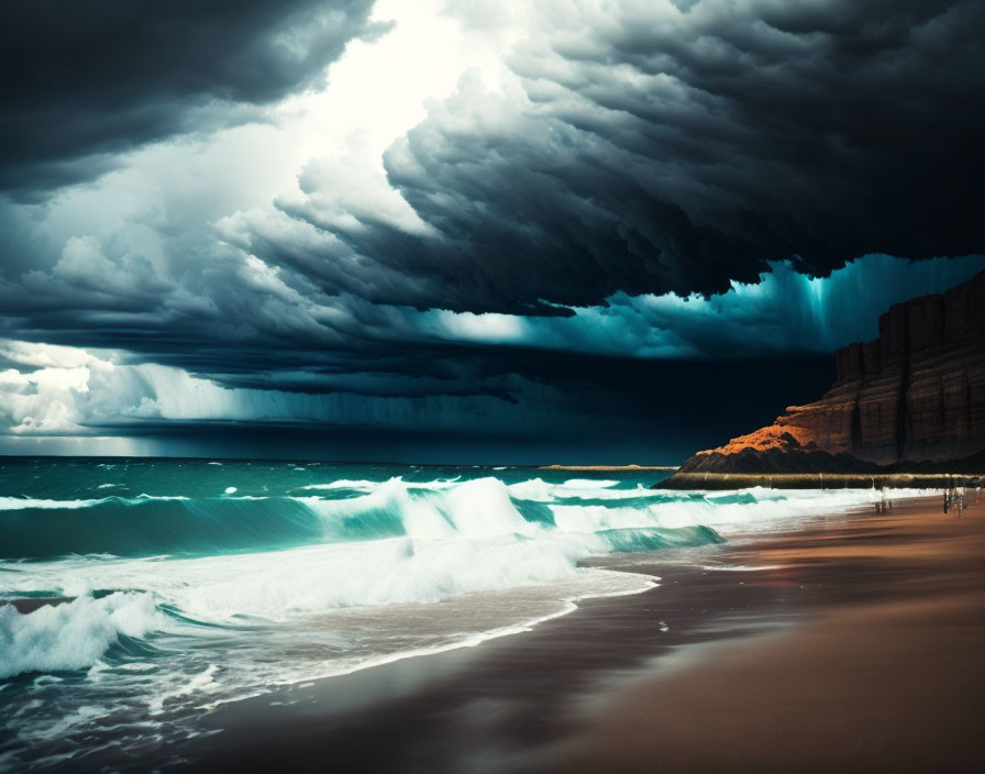 Stormy Beach Scene with Dark Clouds and Turbulent Waves