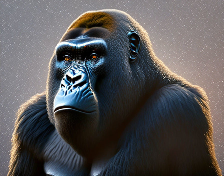 Detailed digital artwork: Gorilla with sharp eyes, deep blue face, speckled background