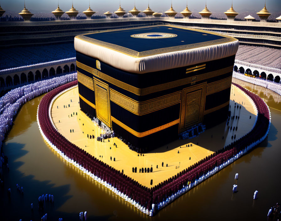 Aerial view of Kaaba surrounded by white-clad people performing Tawaf in Masjid al