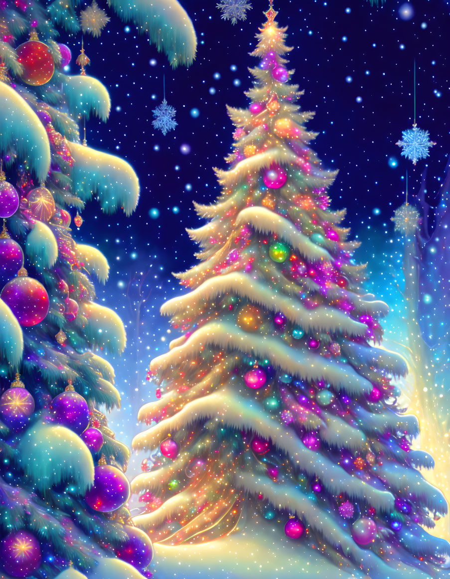 Colorful Ornaments on Illuminated Christmas Trees in Snowy Night Sky