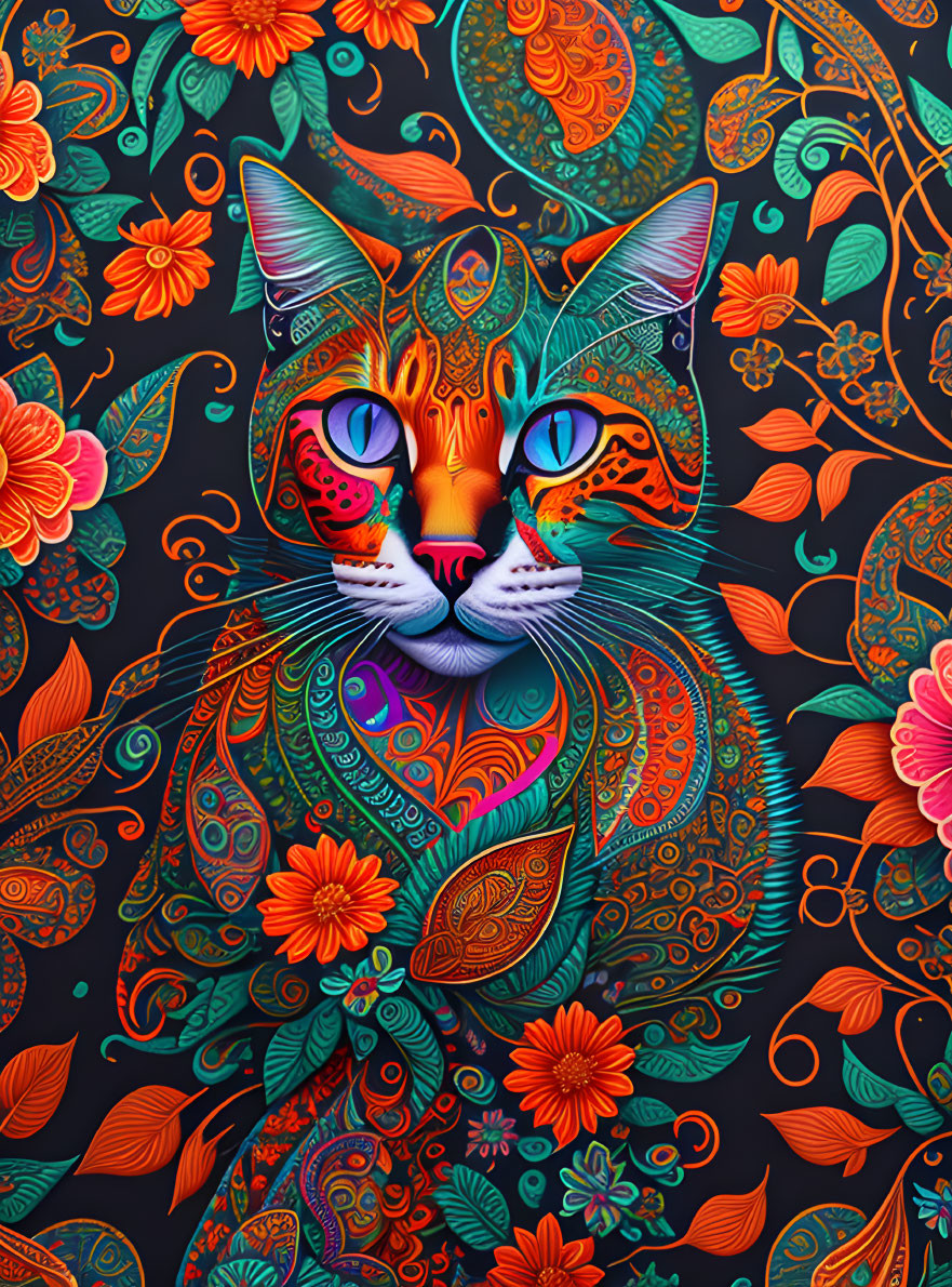 Colorful Stylized Cat Artwork with Floral Motifs on Dark Background