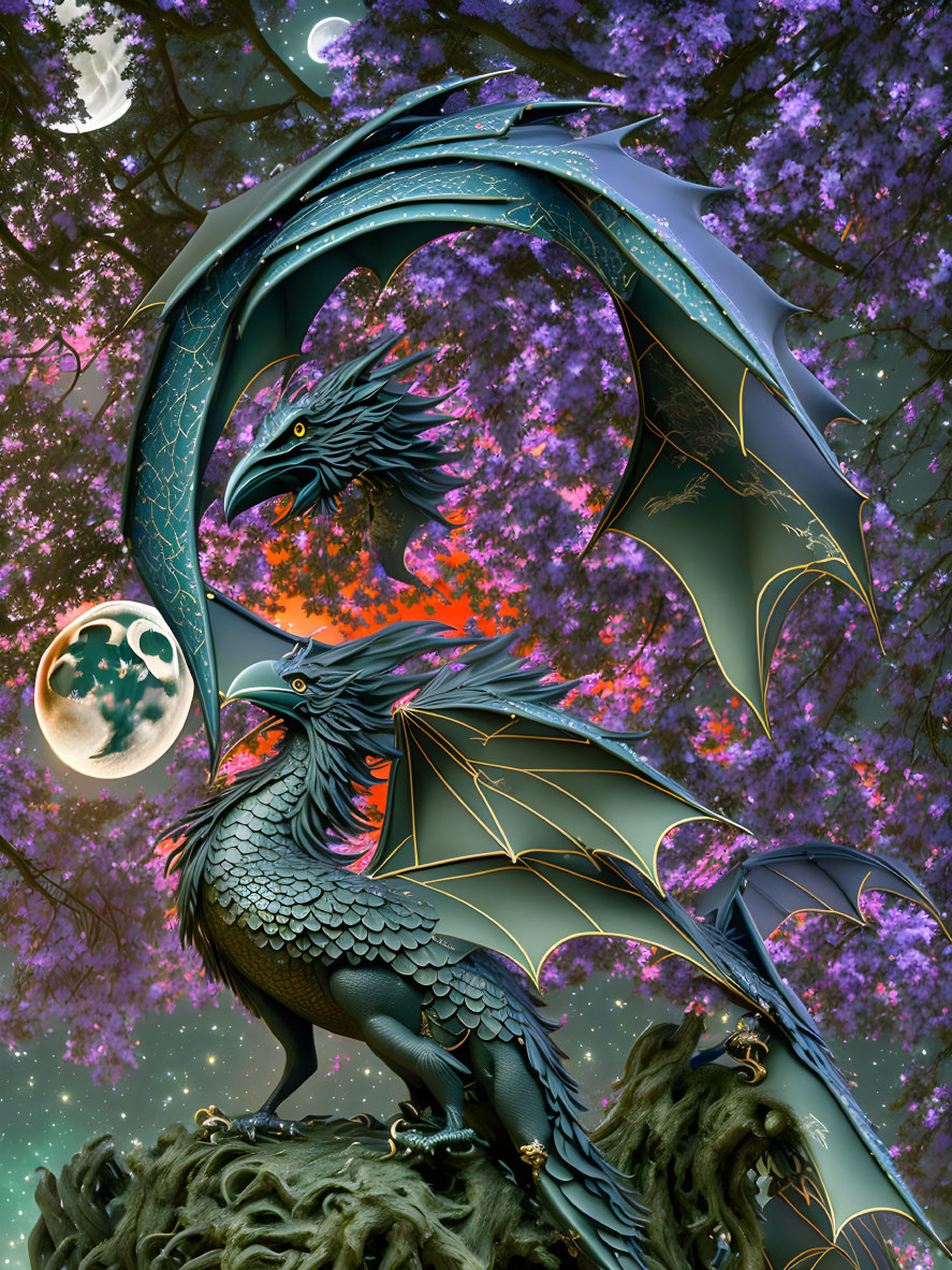 Majestic blue and black dragon in magical forest with multiple moons