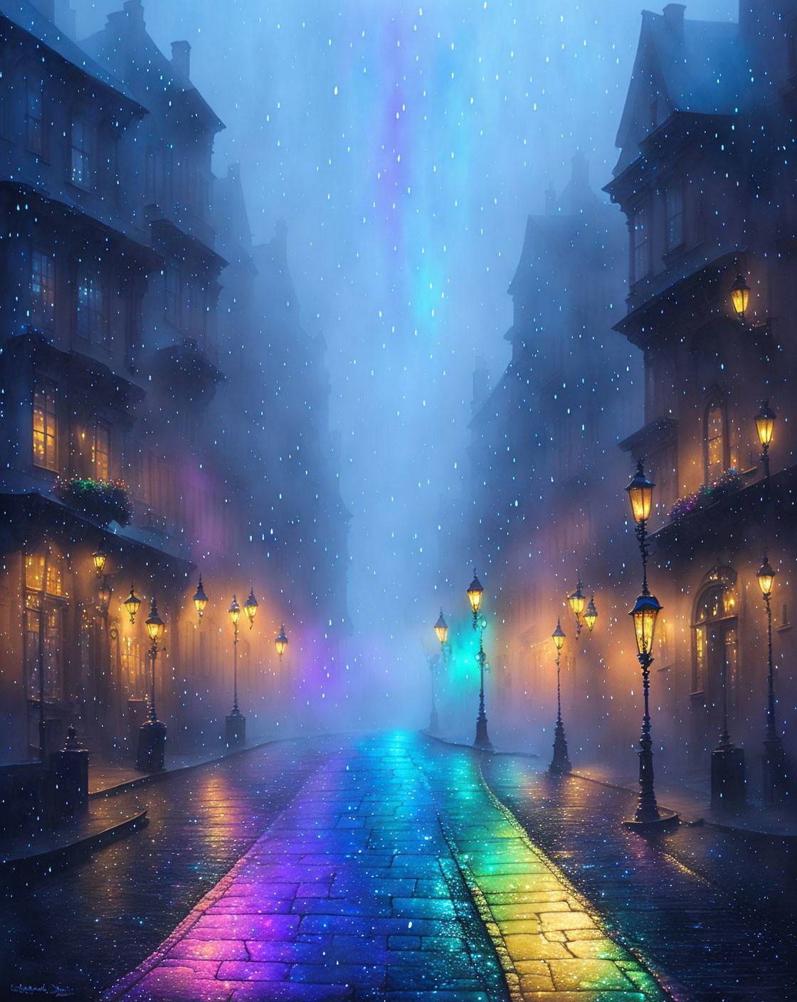 Cobblestone Street with Old-Style Buildings in Mystical Blue Glow