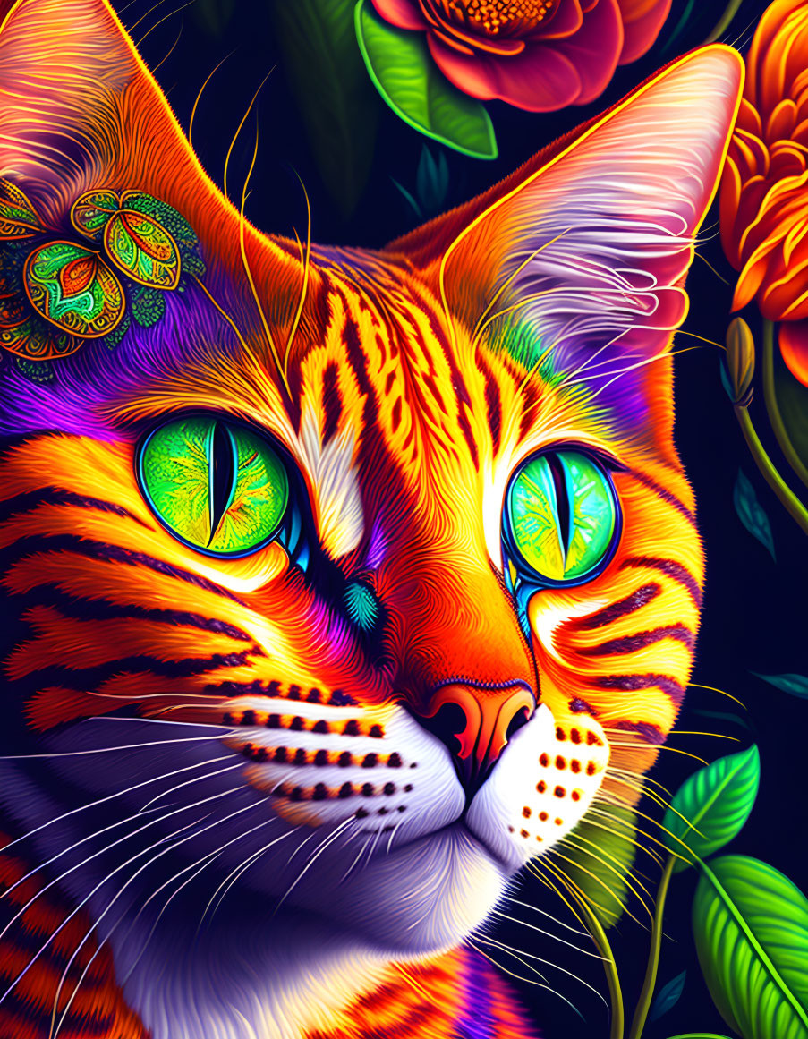 Colorful digital art featuring orange tabby cat with green eyes and flowers