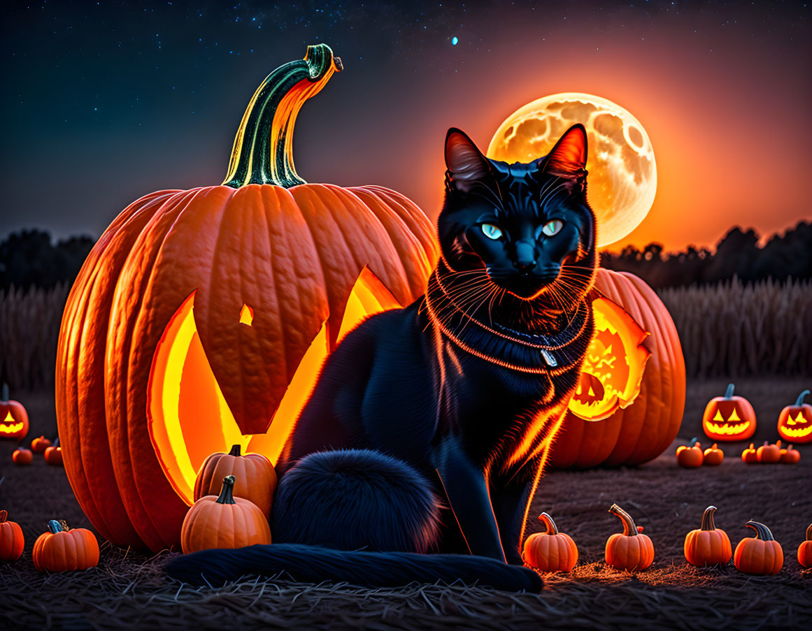 Black Cat with Pumpkins and Candles Under Full Moon