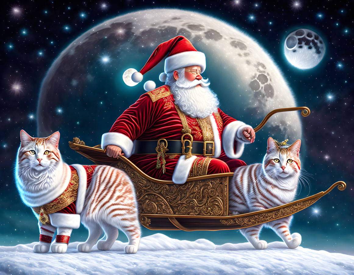 Festive Santa Claus sleigh with two cats in snowy night sky