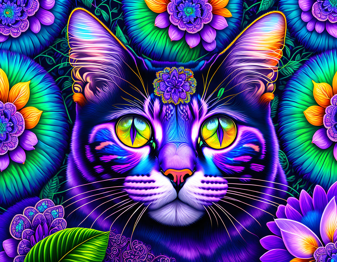 Colorful digital artwork: Cat with luminescent eyes and neon flowers