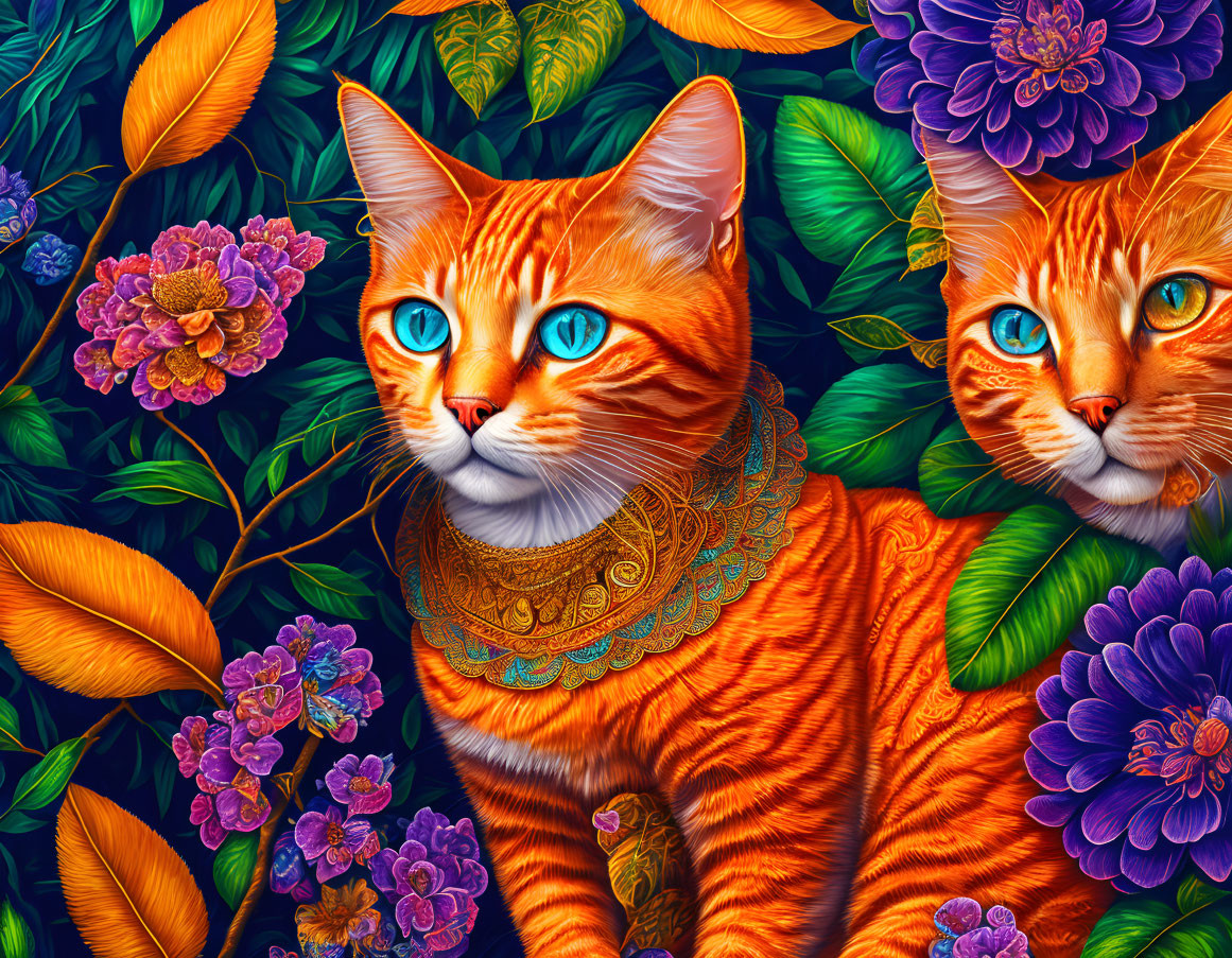 Stylized orange cats with blue eyes in lush greenery.