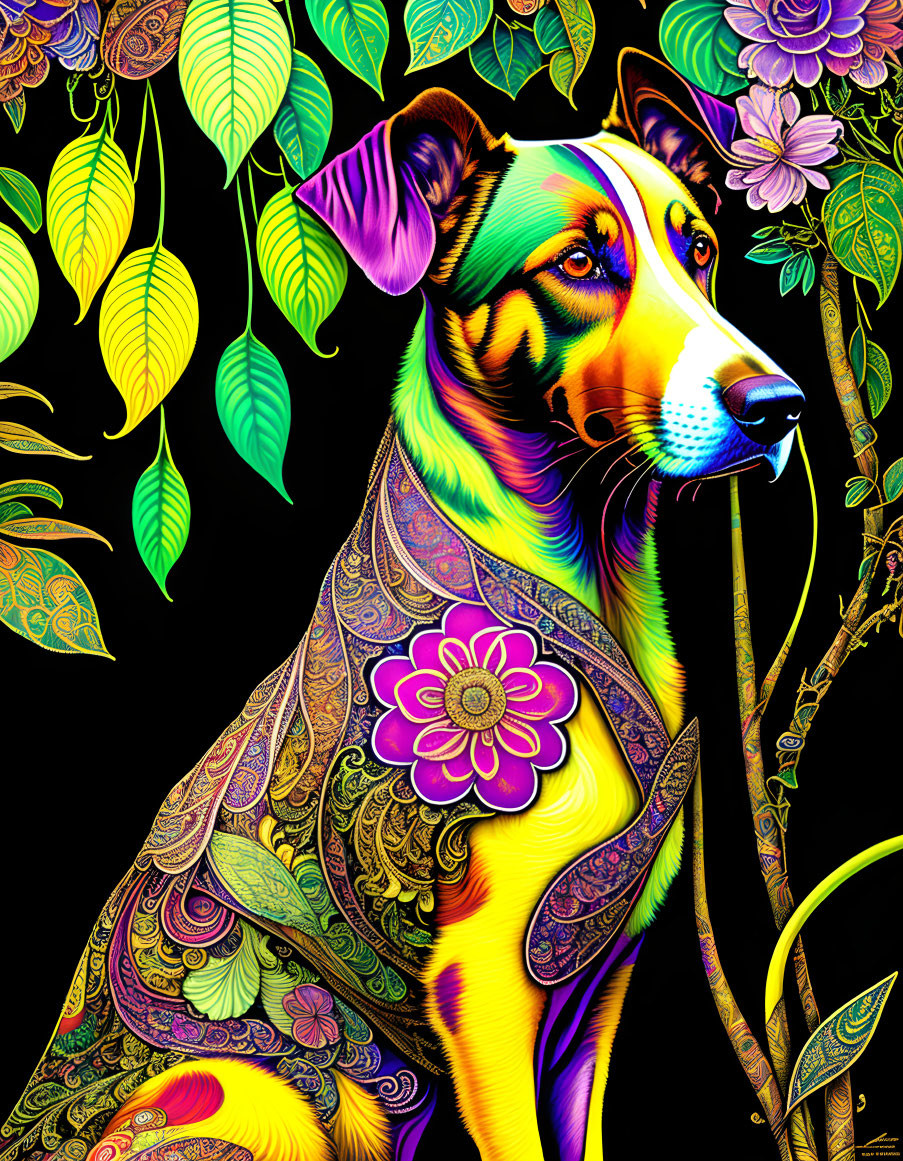 Colorful stylized dog with intricate patterns on face and body against black background with floral motifs