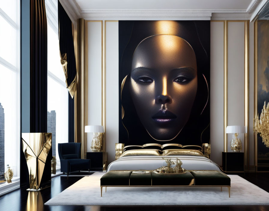 Luxurious bedroom with golden bed and metallic face wall art