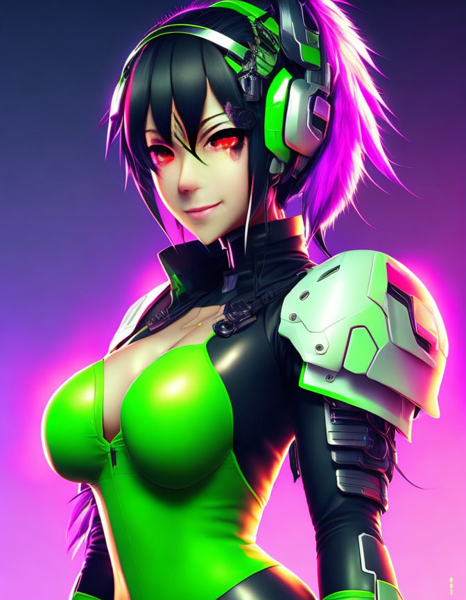 Futuristic female character in green bodysuit with black hair and purple highlights