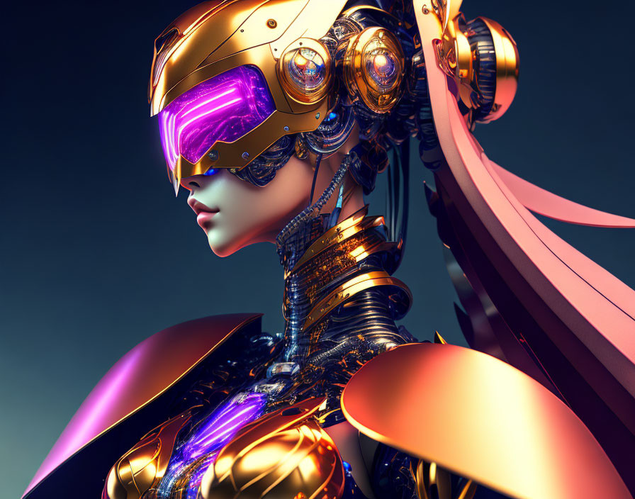 Futuristic robot with golden helmet and purple visor