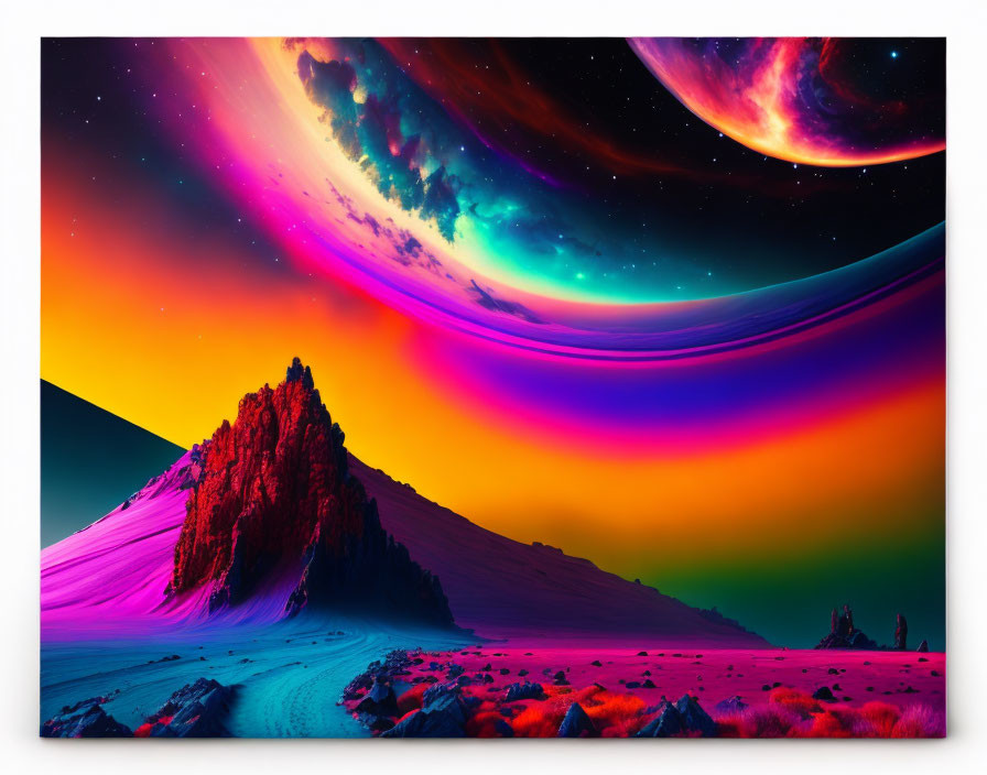 Colorful surreal landscape with oversized planet and nebula clouds