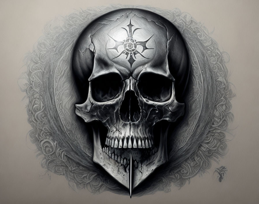 Detailed human skull art with compass design and dagger on textured backdrop