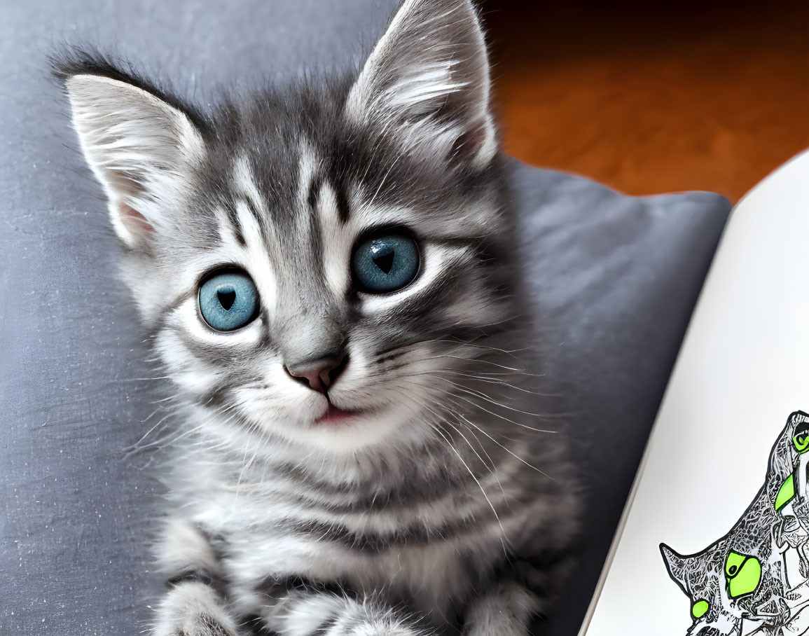 Gray Tabby Kitten with Blue Eyes Next to Cartoon Lizards