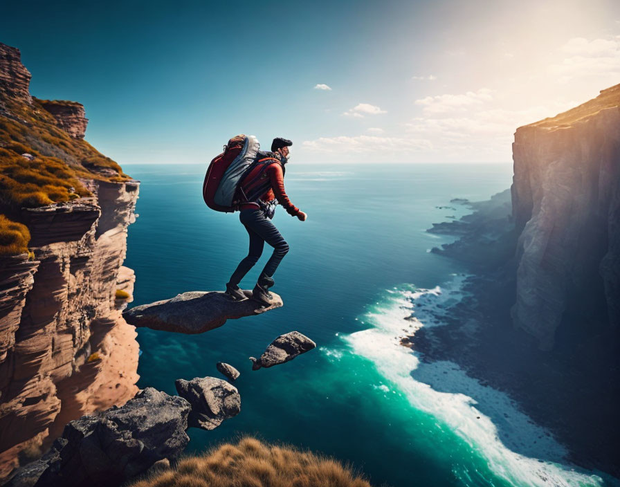 Person with backpack leaping between cliffs above turquoise sea