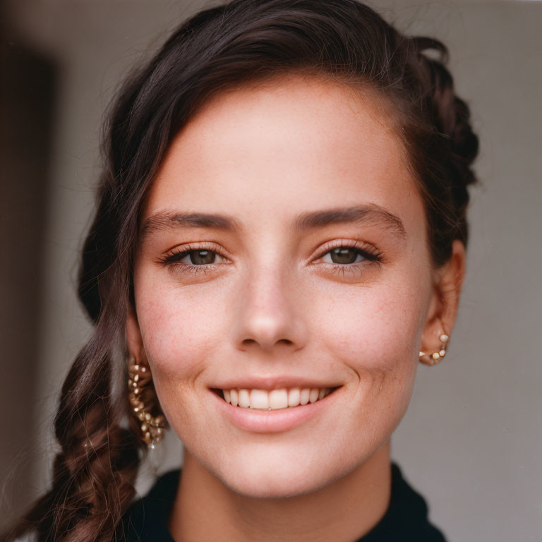 Smiling woman with braided hair and earrings on neutral background