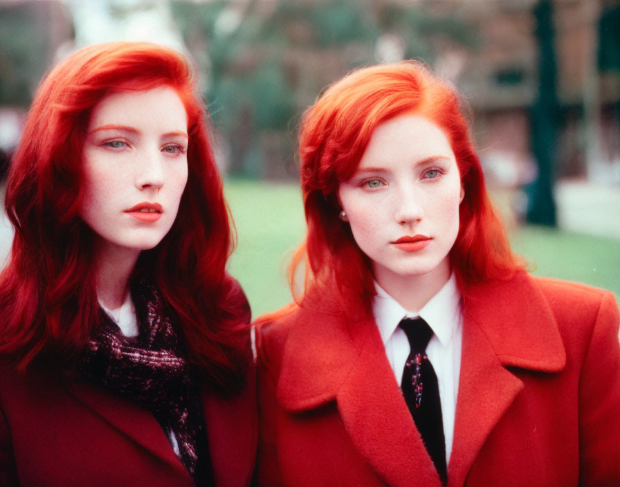 Two women with red hair in red coats standing outdoors.