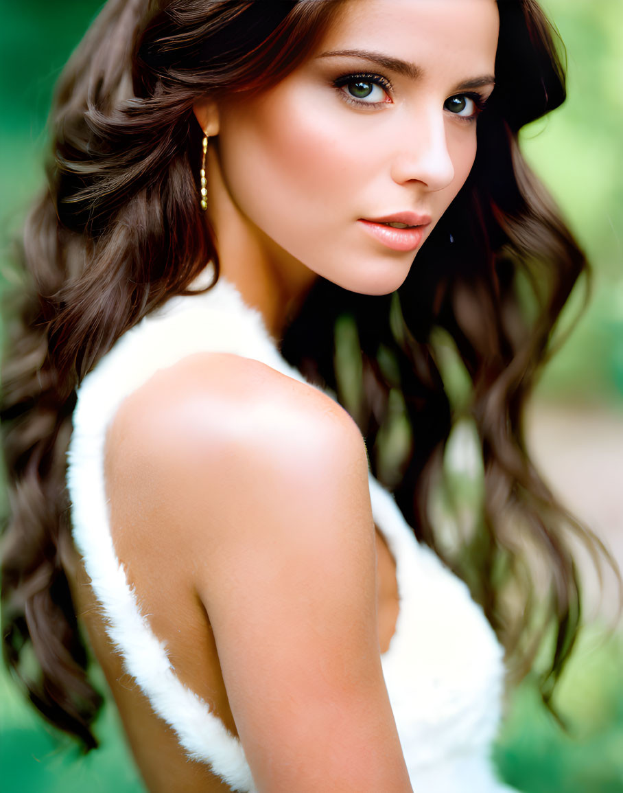 Long-haired woman in off-shoulder white attire with green eyes, against blurred green backdrop