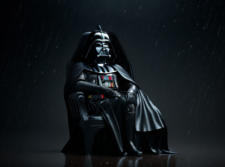 Dark Vader sitting in the rain with black armor.