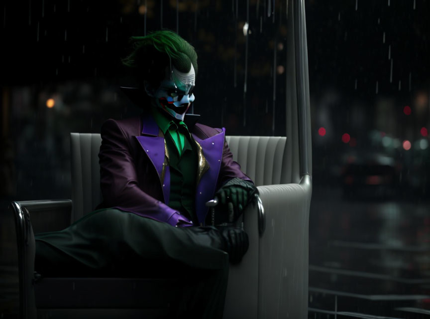 Contemplative Joker in Bus Shelter at Night with Rain and City Lights