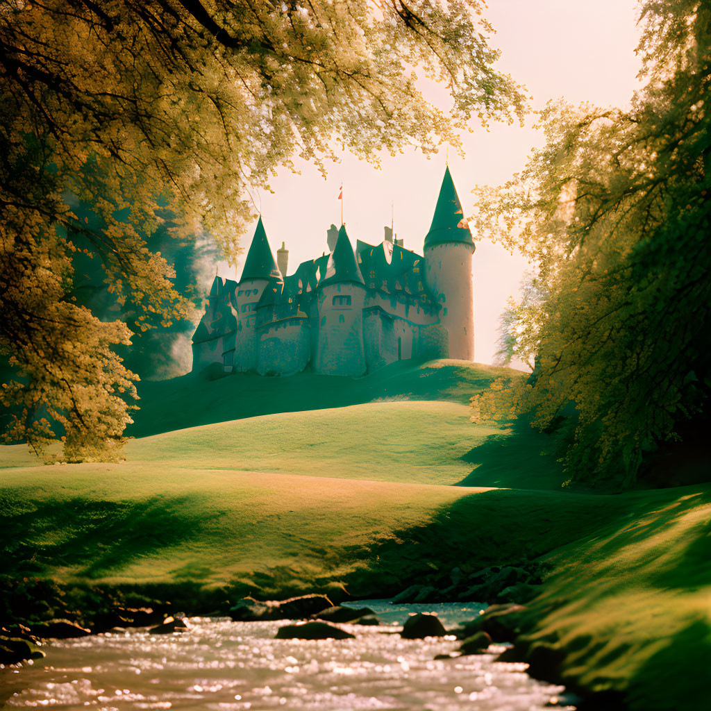 Fairytale castle in lush greenery with golden sky and serene stream