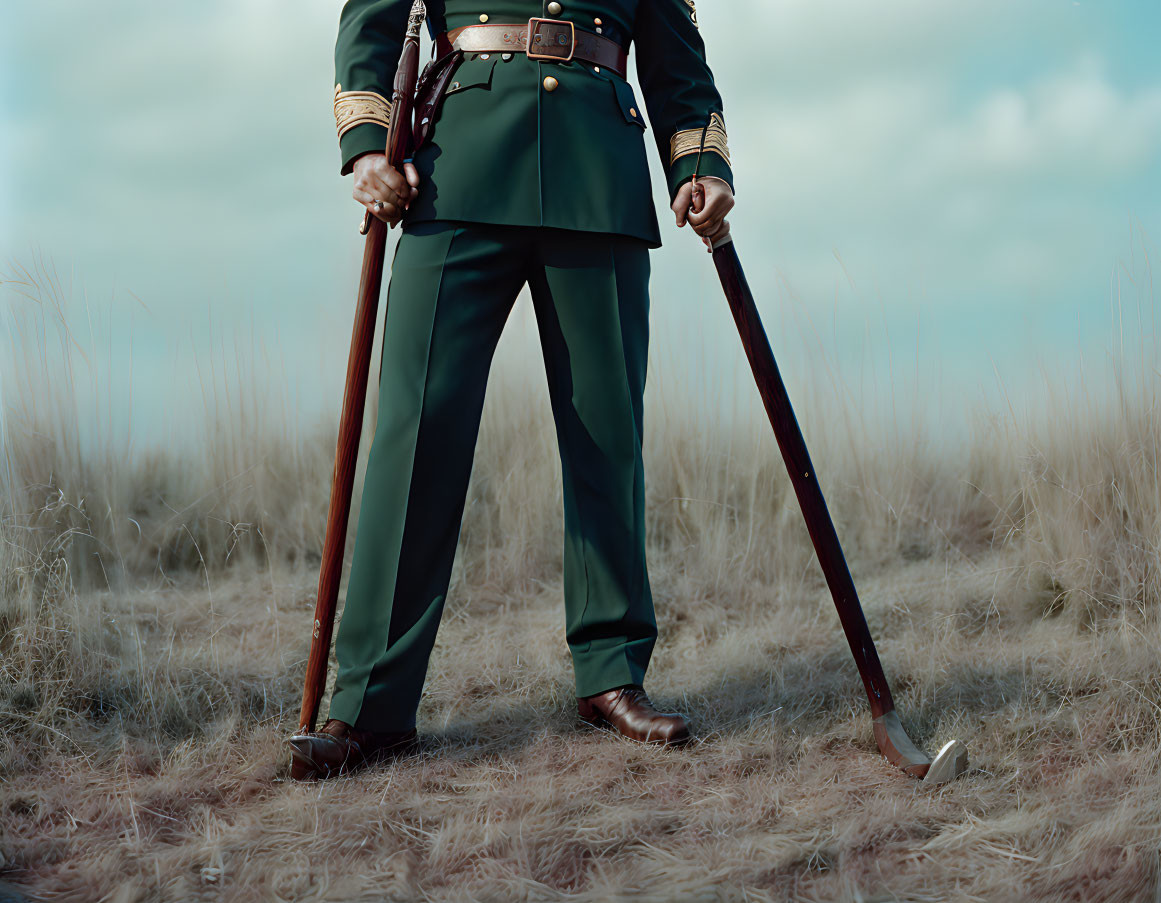 Person in green military uniform with rifle in field.