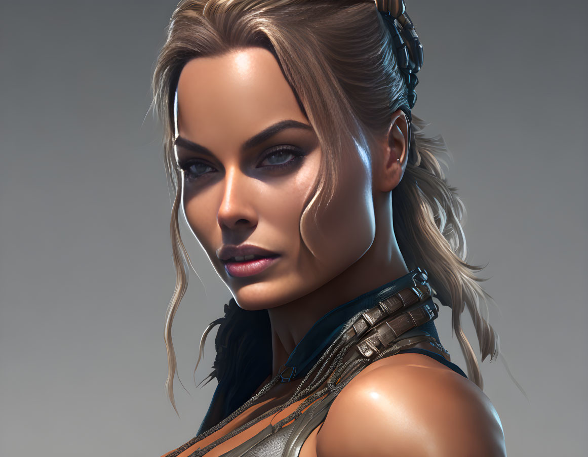 Digital artwork: Woman with striking features, light brown hair, futuristic attire, intense gaze