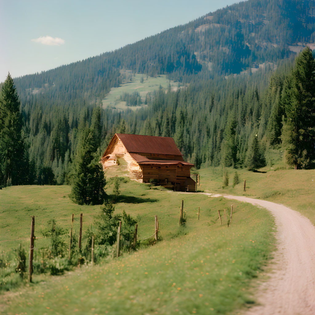 Rustic wooden cabin in lush greenery with mountain view