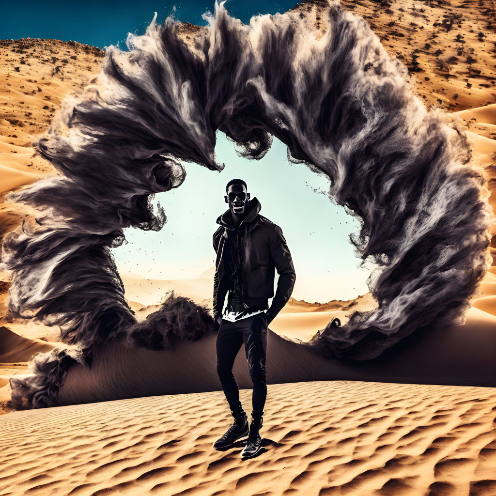 Person in sunglasses and jacket in desert sandstorm ring against clear sky